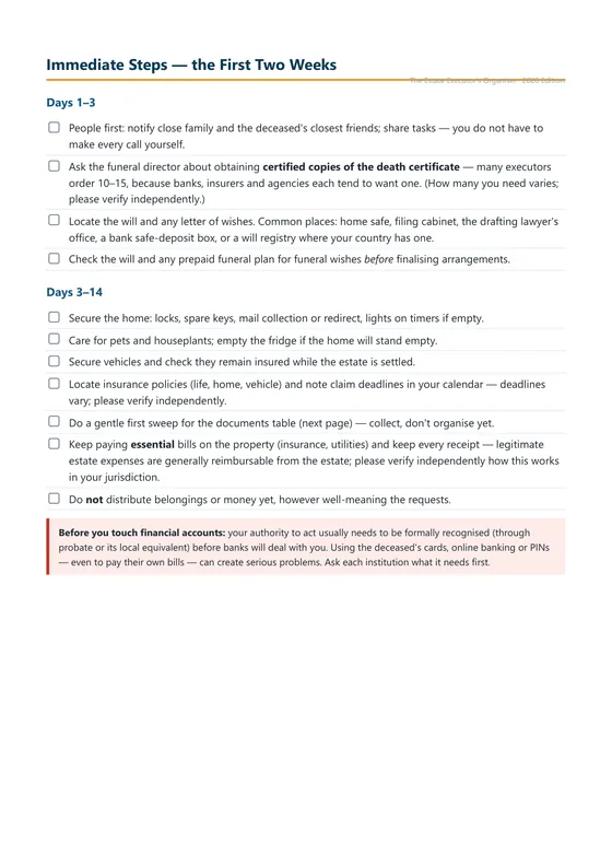 Real page from the Estate Executor's Organiser